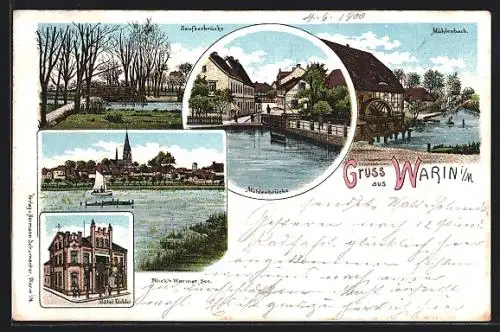 Lithographie Warin i. M., Hotel Eichler, Mühlenbrücke, Seufzerbrücke, Blick v. Wariner-See