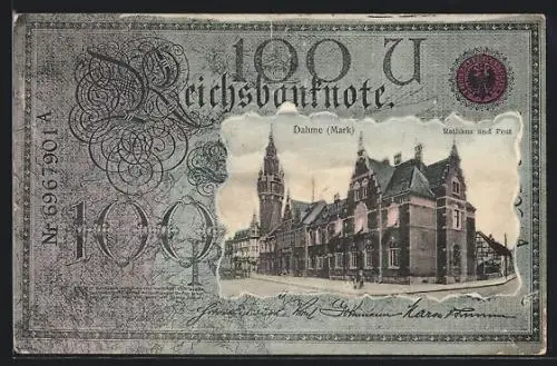 AK Dahme /Mark, Rathaus und Post hinter Reichsbanknote