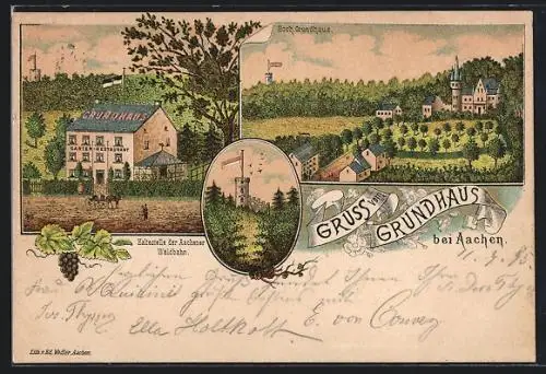 Vorläufer-Lithographie Aachen, 1895, Garten-Restaurant Grundhaus, Burg
