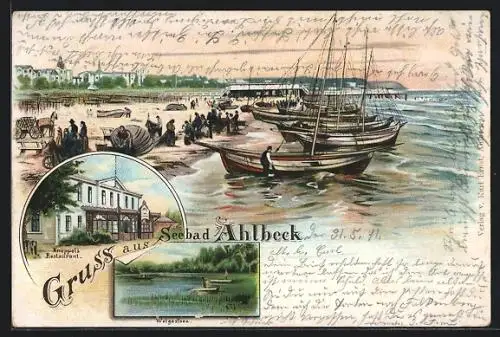 Lithographie Ahlbeck / Seebad, Knüppel`s Restaurant, Wolgastsee, Strand