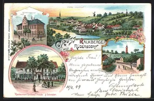 Lithographie Kalkberge-Rüdersdorf, Restaurant am Aussichtsturm Otto Voigt, Königliches Amtsgericht, Totalansicht