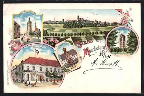 Lithographie Müncheberg, Hotel zur Stadt Berlin, Turm am Cüstriner Tor