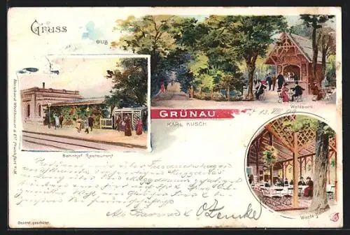 Lithographie Berlin-Grünau, Bahnhof Restaurant v. Karl Kusch