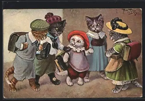Künstler-AK Arthur Thiele: Katzen mit Schulranzen