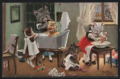 Künstler-AK Arthur Thiele: Katzen am Waschtag