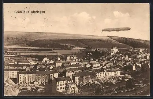 AK Algringen, Ortsansicht mit Zeppelin