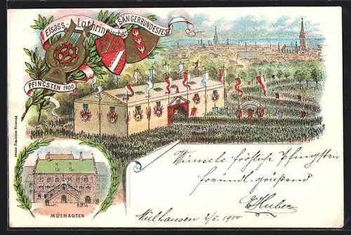 Lithographie Mülhausen, Elsass-Lothringisches Sängerbundesfest 1900