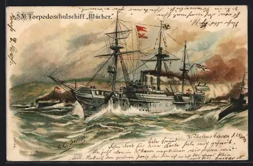 Künstler-AK Johann Georg Siehl-Freystett: S. M. Torpedoschulschiff Blücher