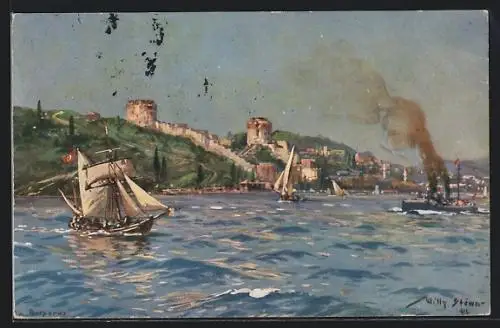 Künstler-AK Willy Stoewer: Bosporus, Segelboote und Kriegsschiff