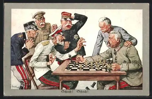 Künstler-AK Th.Zasche: hochrangige Offiziere spielen Schach, Hindenburg