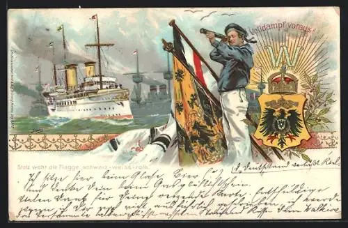 Lithographie Kriegsschiff, Matrose schaut durch Fernrohr, Wappen und Fahnen