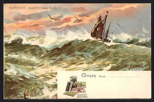 Künstler-Lithographie Willy Stoewer: Nordsee, Fischerfahrzeug im Sturm