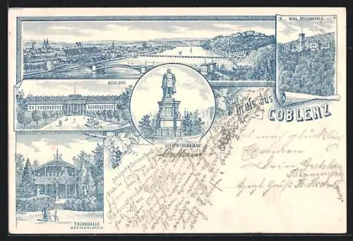 Vorläufer-Lithographie Coblenz, 1895, Goeben-Denkmal, Schloss Stolzenfels und Trinkhalle Rheinanlagen