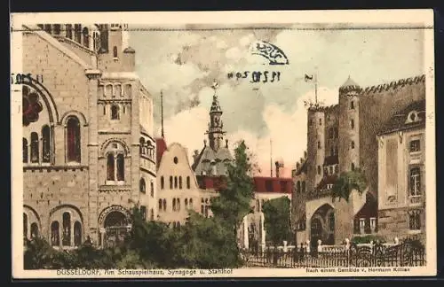 Künstler-AK Düsseldorf, Synagoge und Stahlhof am Schauspielhaus