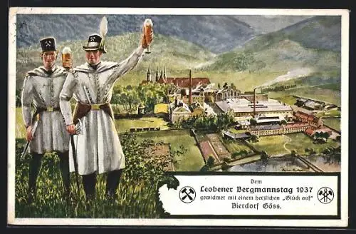 Künstler-AK Göss, Leobener Bergmannstag 1937, Bergmänner mit Bier