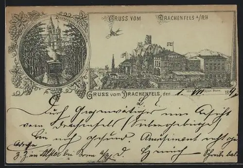 Vorläufer-Lithographie Drachenfels a. Rh., 1893, Zahnradbahn und Drachenburg