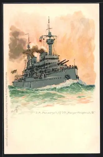 Künstler-AK Hans Bohrdt: SM Panzerschiff I. Cl. Kaiser Friedrich III. in voller Fahrt