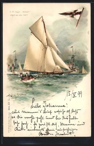 Künstler-AK Stoewer: S. M. Yacht Meteor segelt an den Start, Kriegsschiff i. Hintergrund