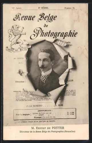 AK Revue Belge de Photographie, M. Ernest de Potter, Fotograf hinter zerrissener Zeitung