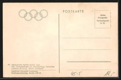 AK Berlin, Olympische Spiele 1936, Sieger im Hochsprung Cornelius Johnson