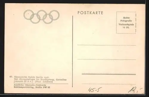 AK Berlin, Olympische Spiele 1936, Sieger im Hochsprung Cornelius Johnson