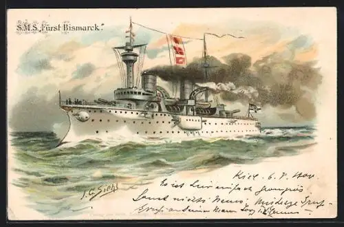 Künstler-AK Johann Georg Siehl-Freystett: Kiegsschiff SMS Fürst Bismarck vom Ostasiengeschwader auf hoher See