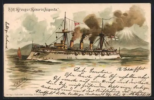 Künstler-AK Johann Georg Siehl-Freystett: Kreuzer SMS Kaiserin Augusta vom Ostasiengeschwader
