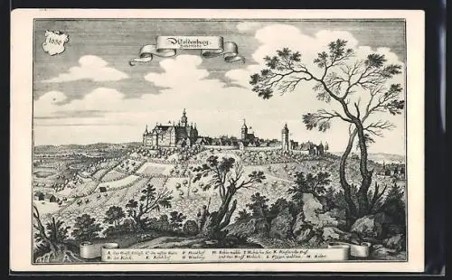 AK Waldenburg / Hohenlohe, Stadtansicht im Jahre 1650, Stich