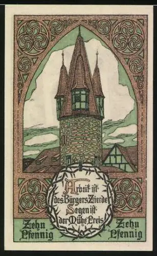 Notgeld Eschwege 1920, 10 Pfennig, Stadtwappen, Turm