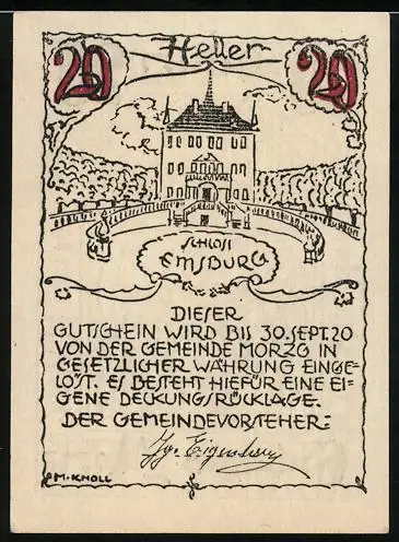 Notgeld Morzg 1920, 20 Heller, Hl. Vitus, Schloss Emsburg