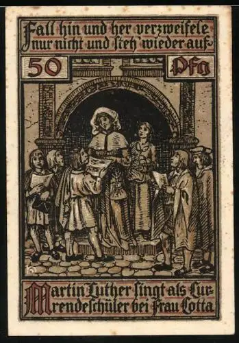 Notgeld Eisenach 1921, 50 Pfennig, Luther als Currendeschüler, Wartburg, Wappen