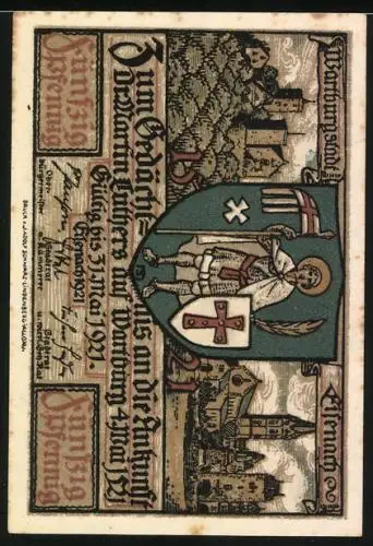 Notgeld Eisenach 1921, 50 Pfennig, Luther als Currendeschüler, Wartburg, Wappen