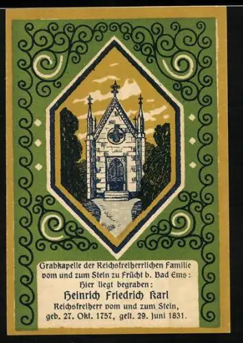 Notgeld Frücht 1922, 50 Pfennig, Grabstätte von und zum Stein, Wappen
