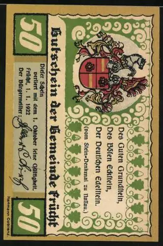 Notgeld Frücht 1922, 50 Pfennig, Grabstätte von und zum Stein, Wappen