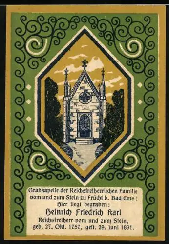 Notgeld Frücht 1922, 50 Pfennig, Grabstätte von und zum Stein, Wappen