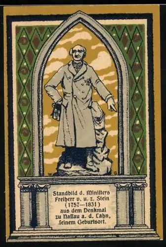 Notgeld Frücht 1922, 75 Pfennig, Denkmal Minister von und zum Stein, Wappen