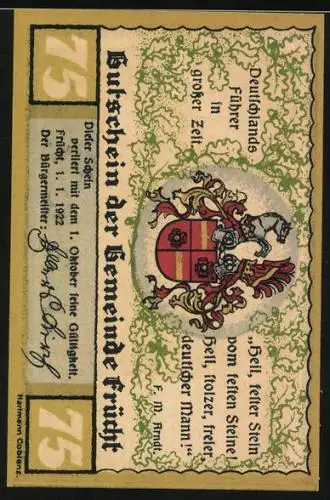 Notgeld Frücht 1922, 75 Pfennig, Denkmal Minister von und zum Stein, Wappen