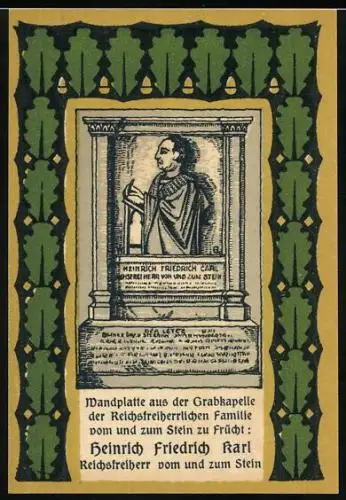 Notgeld Frücht 1922, 25 Pfennig, Grabplatte mit Portrait Freiherrr vom und zum Stein, Wappen
