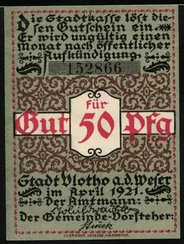Notgeld Vlotho /Weser 1921, 50 Pfennig, Bürger mit Zigarre aus Vlotho