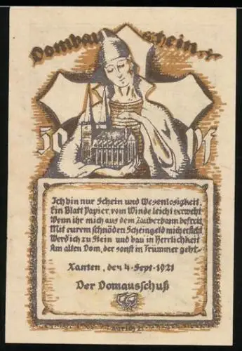 Notgeld Xanten 1921, 50 Pfennig, Ritter mit Dombaustein, Dom