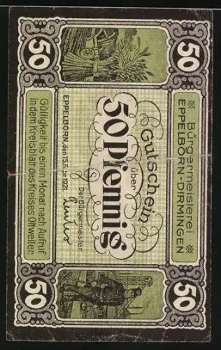 Notgeld Eppelborn 1921, 50 Pfennig, Kaisereiche, Ähre, Bergmann