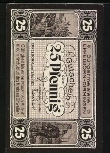 Notgeld Eppelborn 1921, 25 Pfennig, Kaisereiche, Ähre, Bergmann