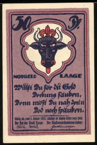 Notgeld Laage 1924, 50 Pfennig, Türmer und Geister, Wappen
