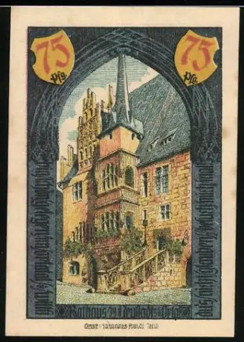 Notgeld Neustadt /Orla 1921, 75 Pfennig, Gerber, Tuchmacher, Wappen, Rathaus