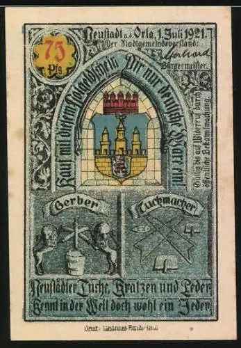 Notgeld Neustadt /Orla 1921, 75 Pfennig, Gerber, Tuchmacher, Wappen, Rathaus