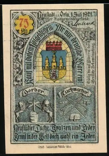 Notgeld Neustadt /Orla 1921, 75 Pfennig, Gerber, Tuchmacher, Wappen, Rathaus