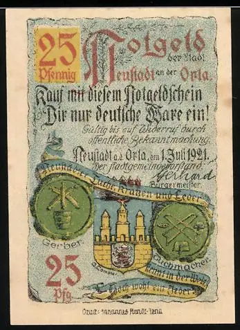 Notgeld Neustadt /Orla 1921, 25 Pfennig, Gerber- und Tuchmacher-Siegel, Wappen, Rathaus