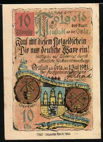 Notgeld Neustadt /Orla 1921, 10 Pfennig, Gerber- und Tuchmacher-Siegel, Wappen, Rathaus