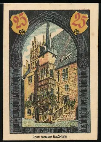 Notgeld Neustadt /Orla 1921, 25 Pfennig, Gerber- und Tuchmacher-Siegel, Wappen, Rathaus