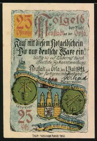 Notgeld Neustadt /Orla 1921, 25 Pfennig, Gerber- und Tuchmacher-Siegel, Wappen, Rathaus